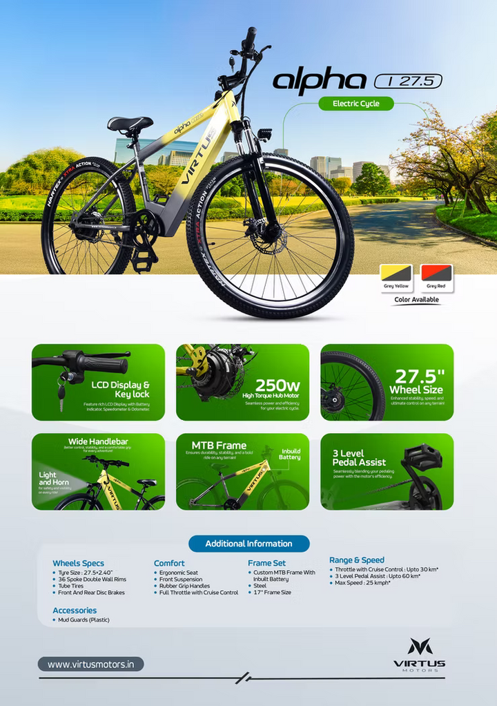 Virtus Motors Alpha I 27.5 – 27.5″ Electric Cycle for Urban & Adventure Rides