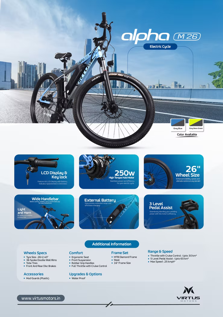 Virtus Motors Alpha M 26 – 26″ Electric Cycle with Removable Battery & 5-Level Assist