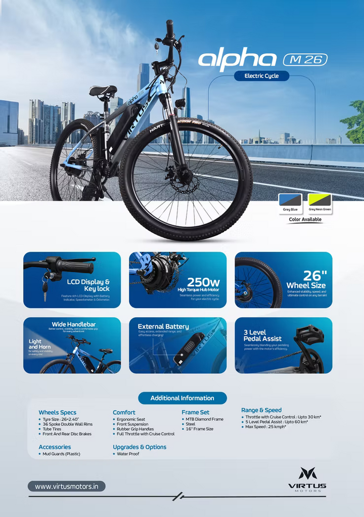 Virtus Motors Alpha M 26 – 26″ Electric Cycle with Removable Battery & 5-Level Assist