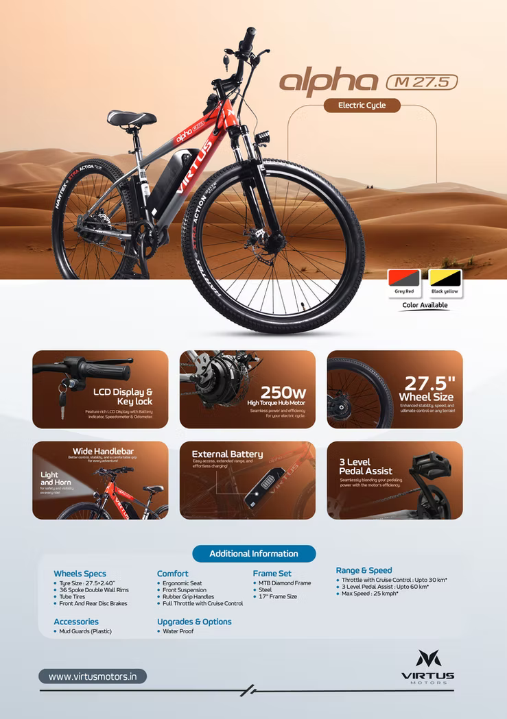 Virtus Motors Alpha M 27.5 – 27.5″ Smart Electric Cycle with Removable Battery & 3-Level Pedal Assist