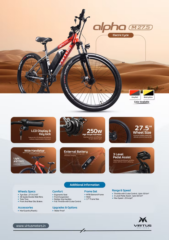 Virtus Motors Alpha M 27.5 – 27.5″ Smart Electric Cycle with Removable Battery & 3-Level Pedal Assist