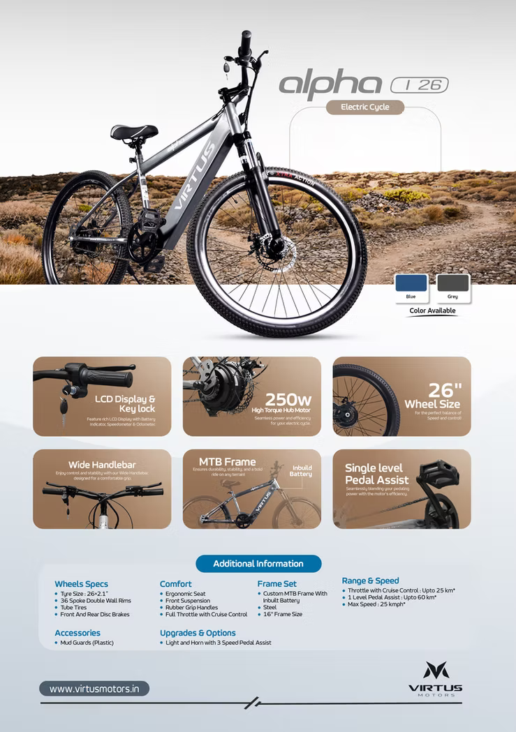 Virtus Motors Alpha I 26 – 26″ Smart Electric Cycle for Urban Rides & Daily Commutes