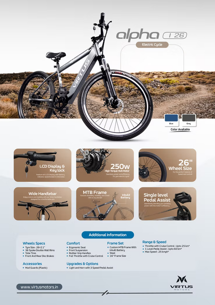 Virtus Motors Alpha I 26 – 26″ Smart Electric Cycle for Urban Rides & Daily Commutes
