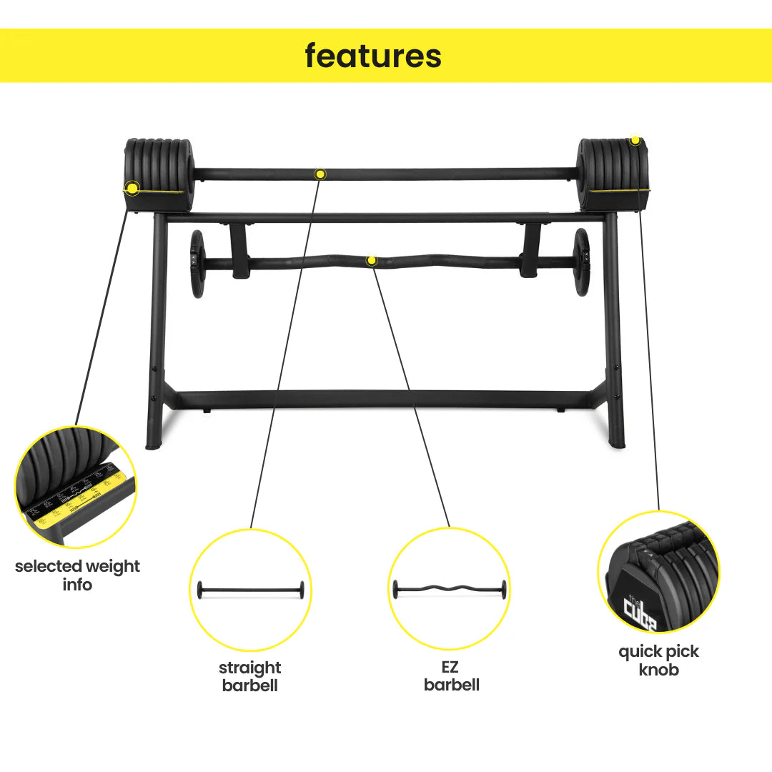 The Cube Club PowerBar Pro 80 lbs – Adjustable Barbell Set with Stand, Straight Bar & EZ Bar | Home Strength Training System