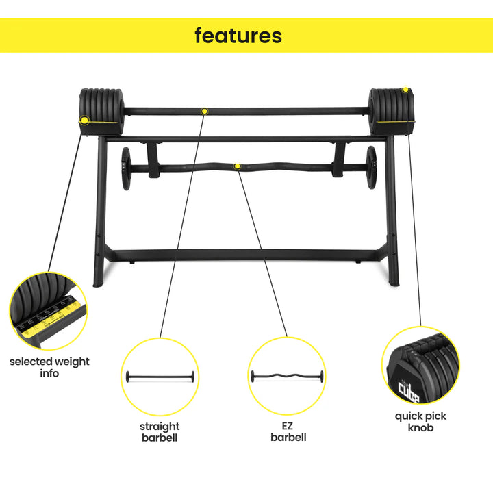 The Cube Club PowerBar Pro 80 lbs – Adjustable Barbell Set with Stand, Straight Bar & EZ Bar | Home Strength Training System