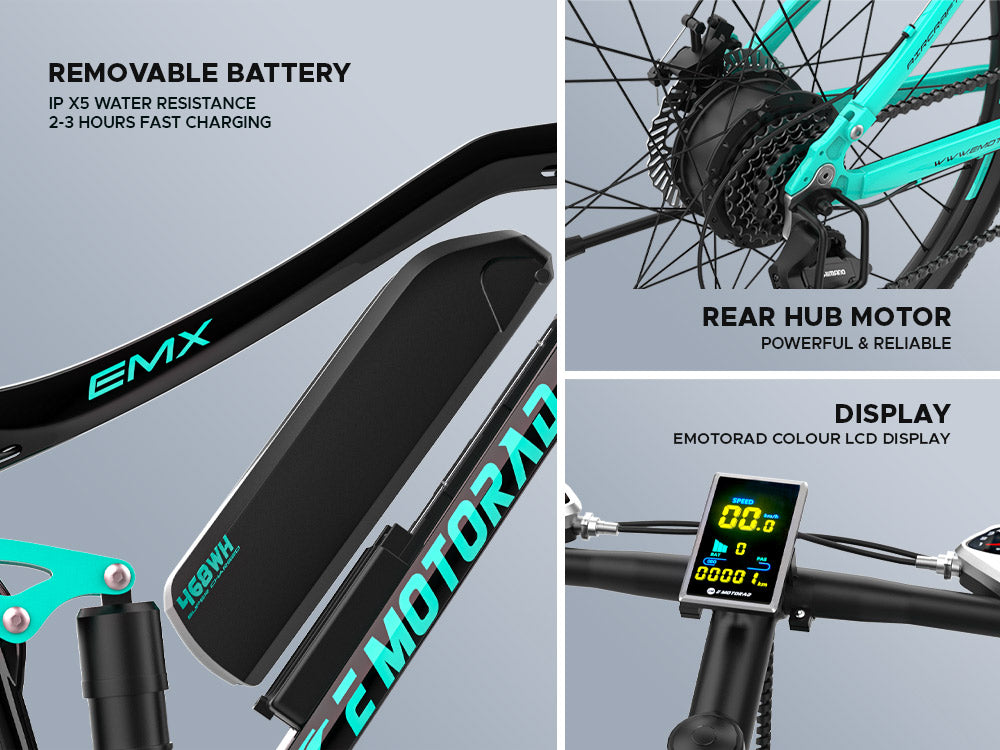 EMotorad: EMX+ Electric Mountain Bike – 21-Speed Shimano Gears, Dual Suspension, Powerful Motor & Lightweight Aluminium Frame | All-Terrain E-Bike