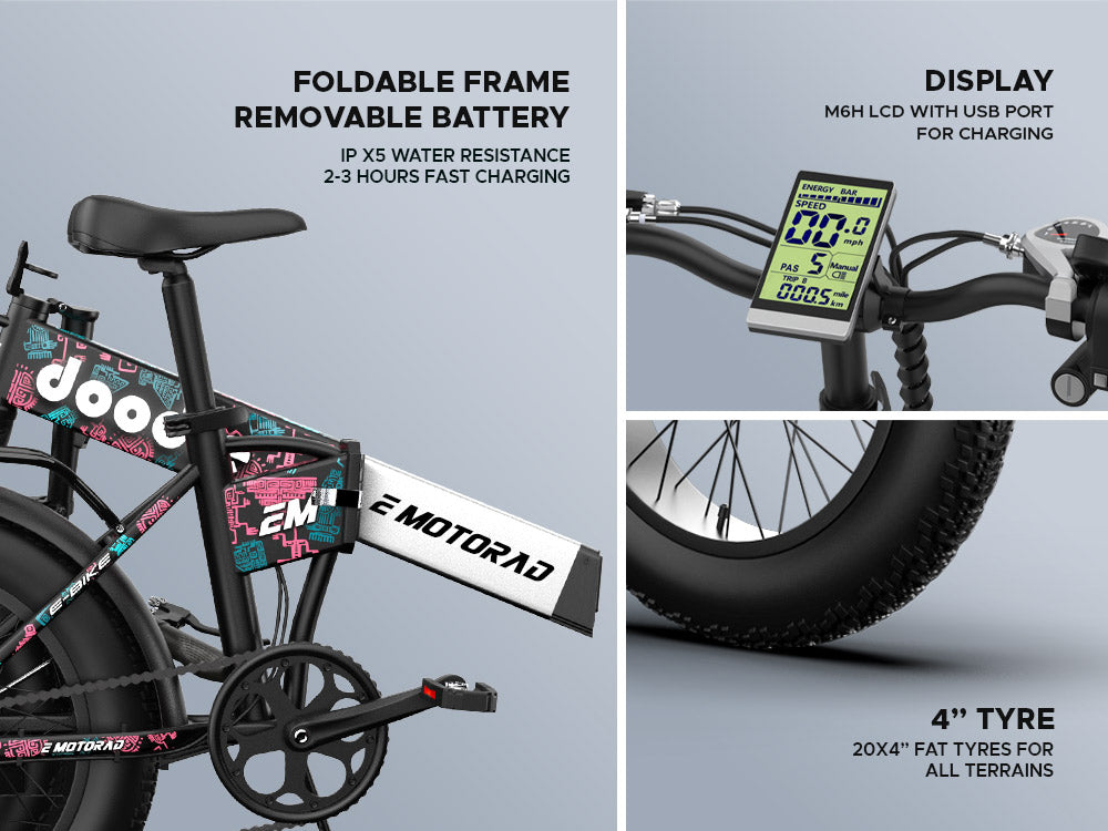 EMotorad: Doodle V3 Foldable Fat Tyre Electric Mountain Bike – 7-Speed, Removable Battery | All-Terrain Off-Road Performance