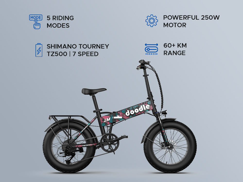 EMotorad: Doodle V3 Foldable Fat Tyre Electric Mountain Bike – 7-Speed, Removable Battery | All-Terrain Off-Road Performance