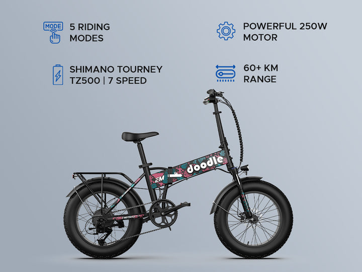 EMotorad: Doodle V3 Foldable Fat Tyre Electric Mountain Bike – 7-Speed, Removable Battery | All-Terrain Off-Road Performance